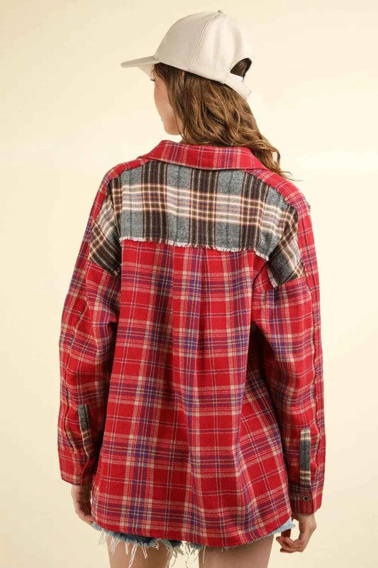 VERY J Contrast Plaid Raw Detail Shirt