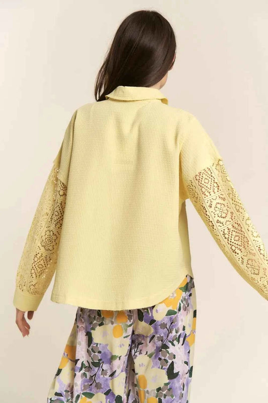 J.NNA Button Down Lace Long Sleeve Waffle Shirt