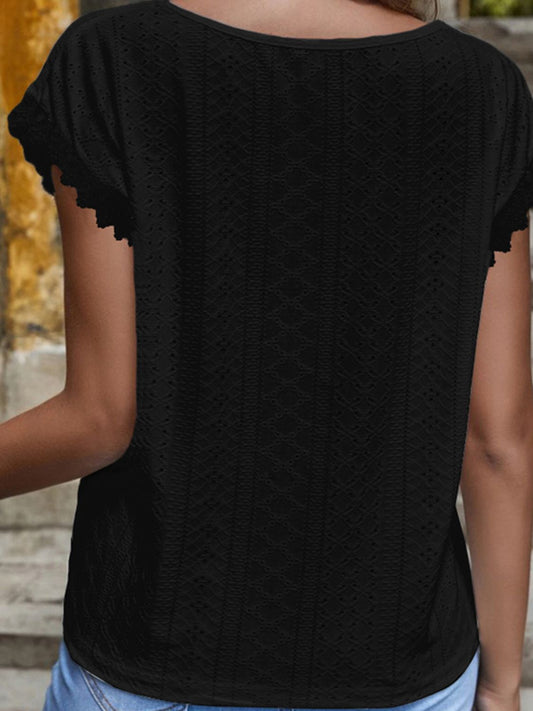 Shiny V-Neck Eyelet Short Sleeve Top