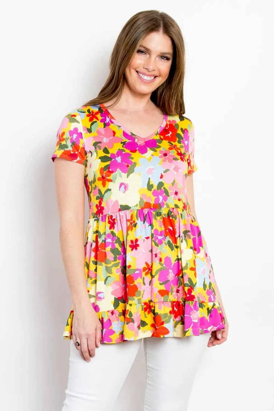 Be Stage Full Size Floral Wrinkle Free Ruffled Blouse