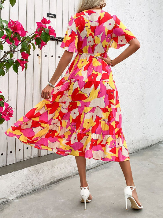 Perfee Printed V-Neck Flutter Sleeve Midi Dress