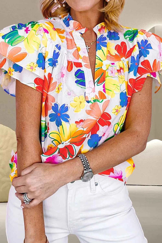 Ruffled Printed Notched Cap Sleeve Blouse