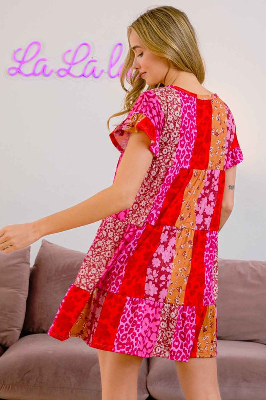 BiBi Leopard Short Sleeve Tiered Dress