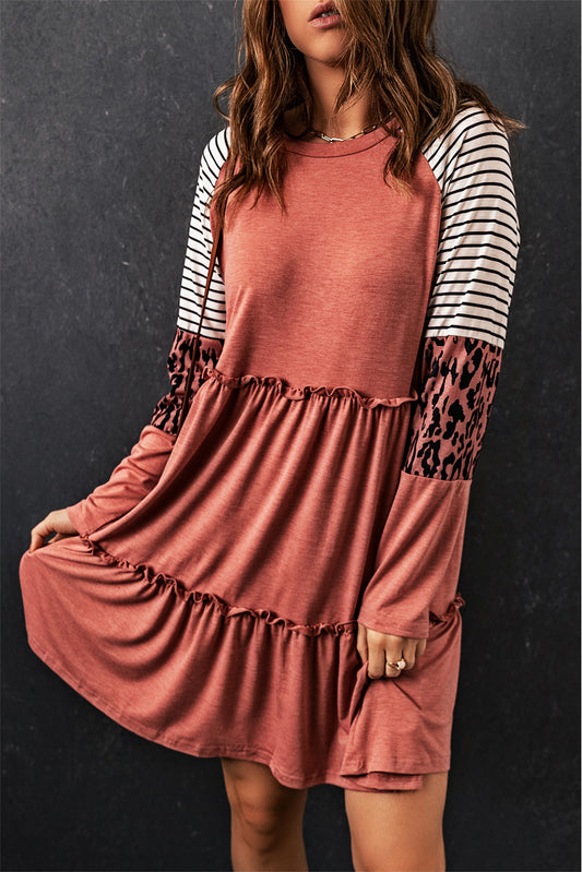 Mixed Print Frill Trim Long Sleeve Dress