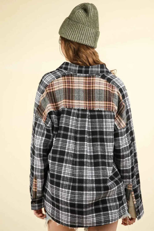 VERY J Contrast Plaid Raw Detail Shirt