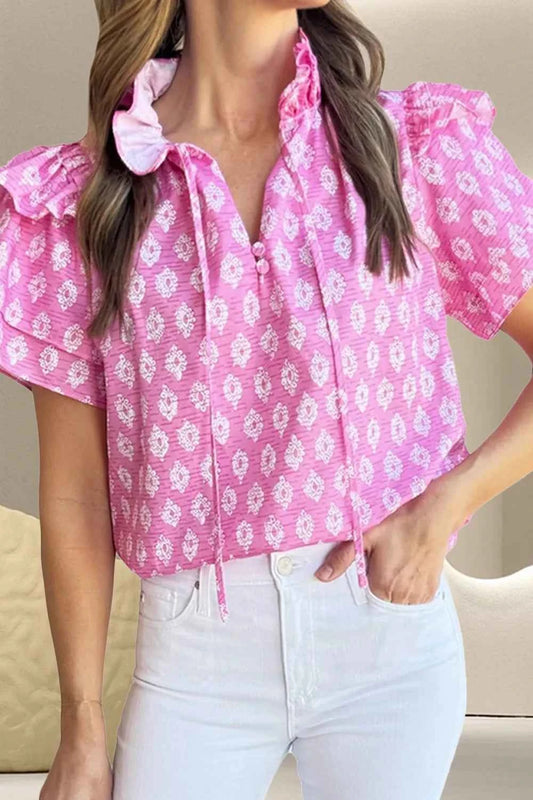 Ruffled Printed Tie Neck Short Sleeve Blouse