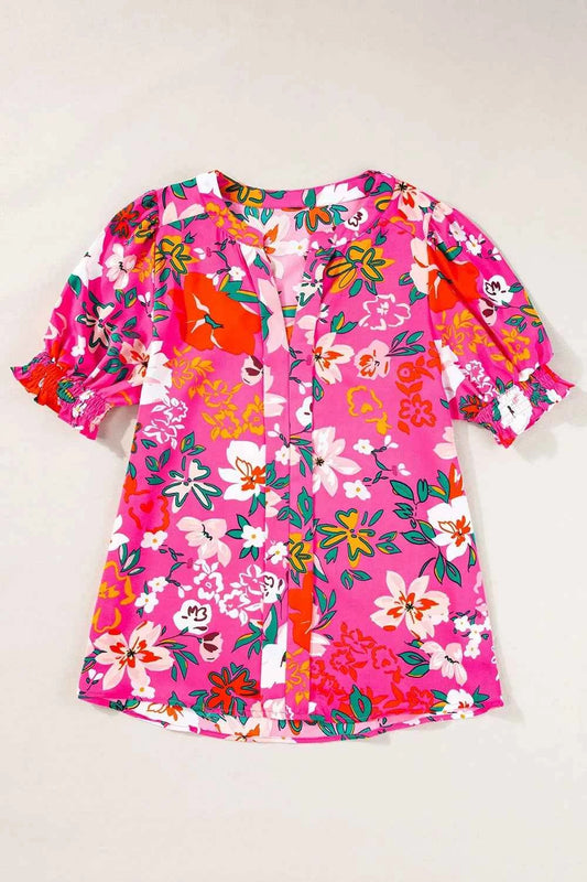 Printed Notched Short Sleeve Blouse