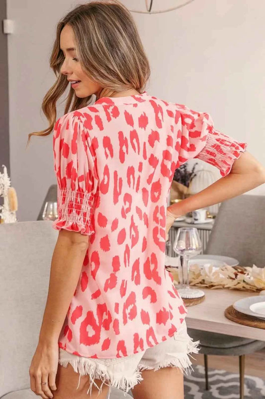 BiBi Leopard Smocked Short Sleeve Blouse