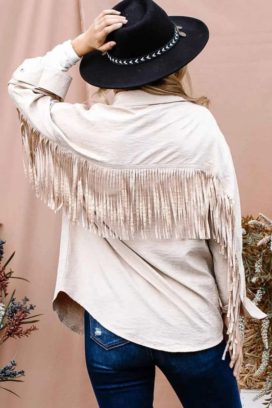 And The Why Full Size Fringe Back Detailed Button Down Shacket