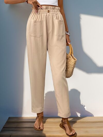 Perfee Frill High Waist Pants with Pockets elegancydose