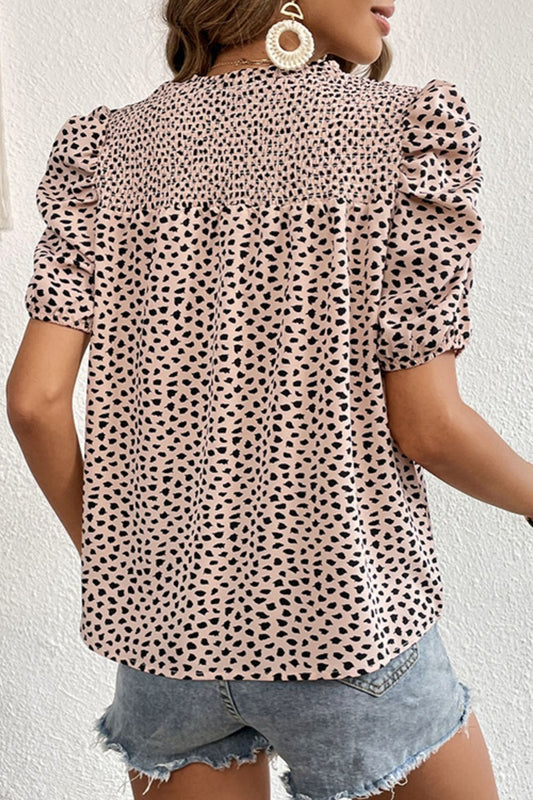 Perfee Printed Smocked Puff Sleeve Blouse