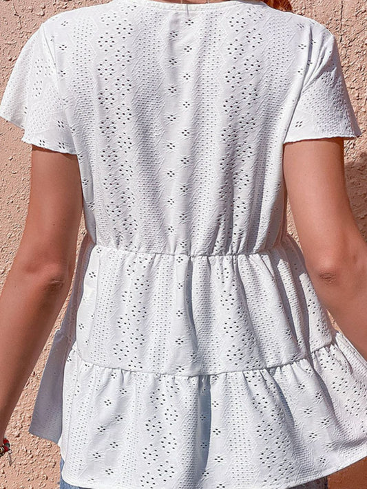 Perfee Button Front Eyelet Flutter Sleeve Tiered Blouse