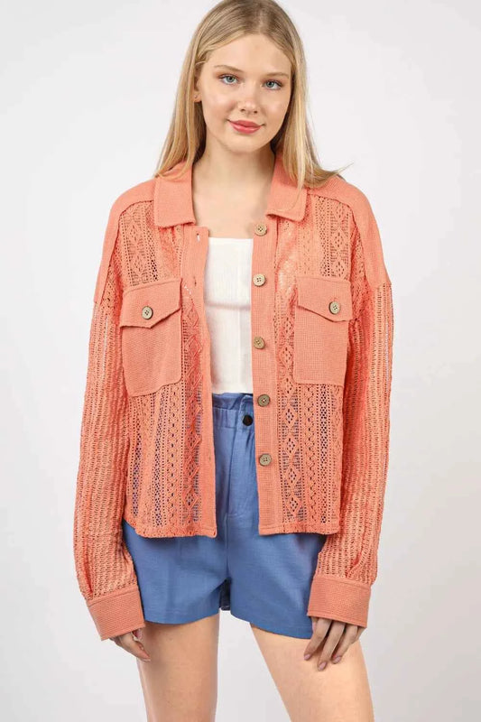 VERY J Button Up Long Sleeve Lace Shirt