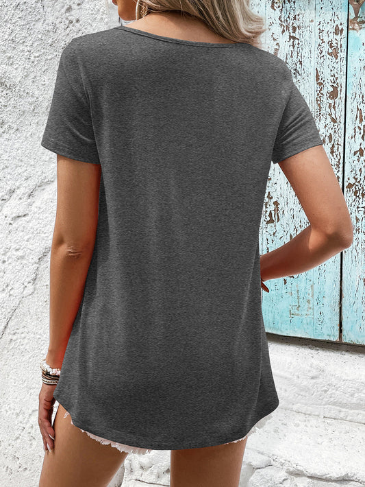 Ivy Lane Spliced Lace Contrast Short Sleeve Top