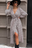 Perfee Slit Printed Surplice Balloon Sleeve Dress