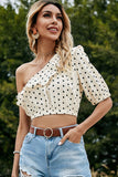 Shiny Polka Dot One-Shoulder Ruffled Crop Top