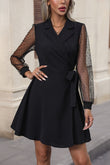 Perfee Lapel Collar Tied Mesh Long Sleeve Dress