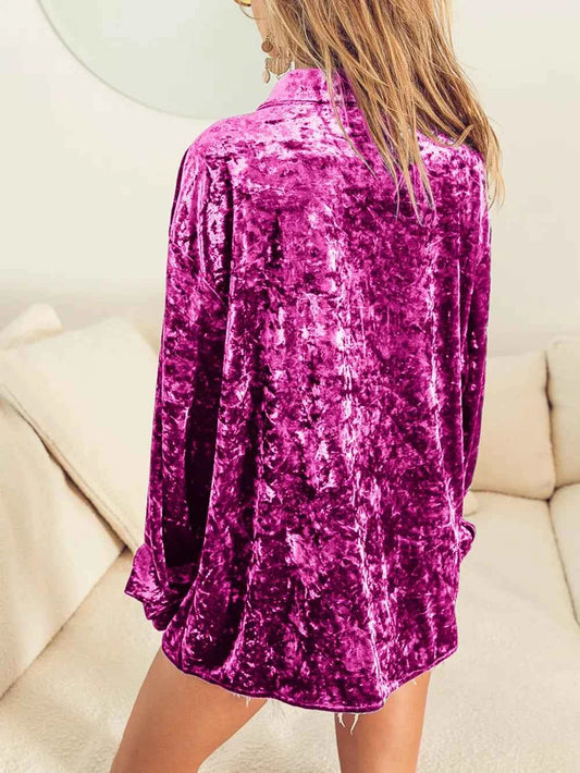 Collared Neck Long Sleeve Velvet Shirt