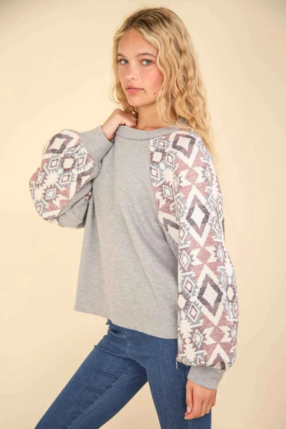 VERY J Printed Long Sleeve Round Neck Knit Top
