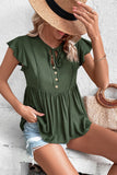 Perfee Buttoned Tie Neck Flutter Sleeve Babydoll Top