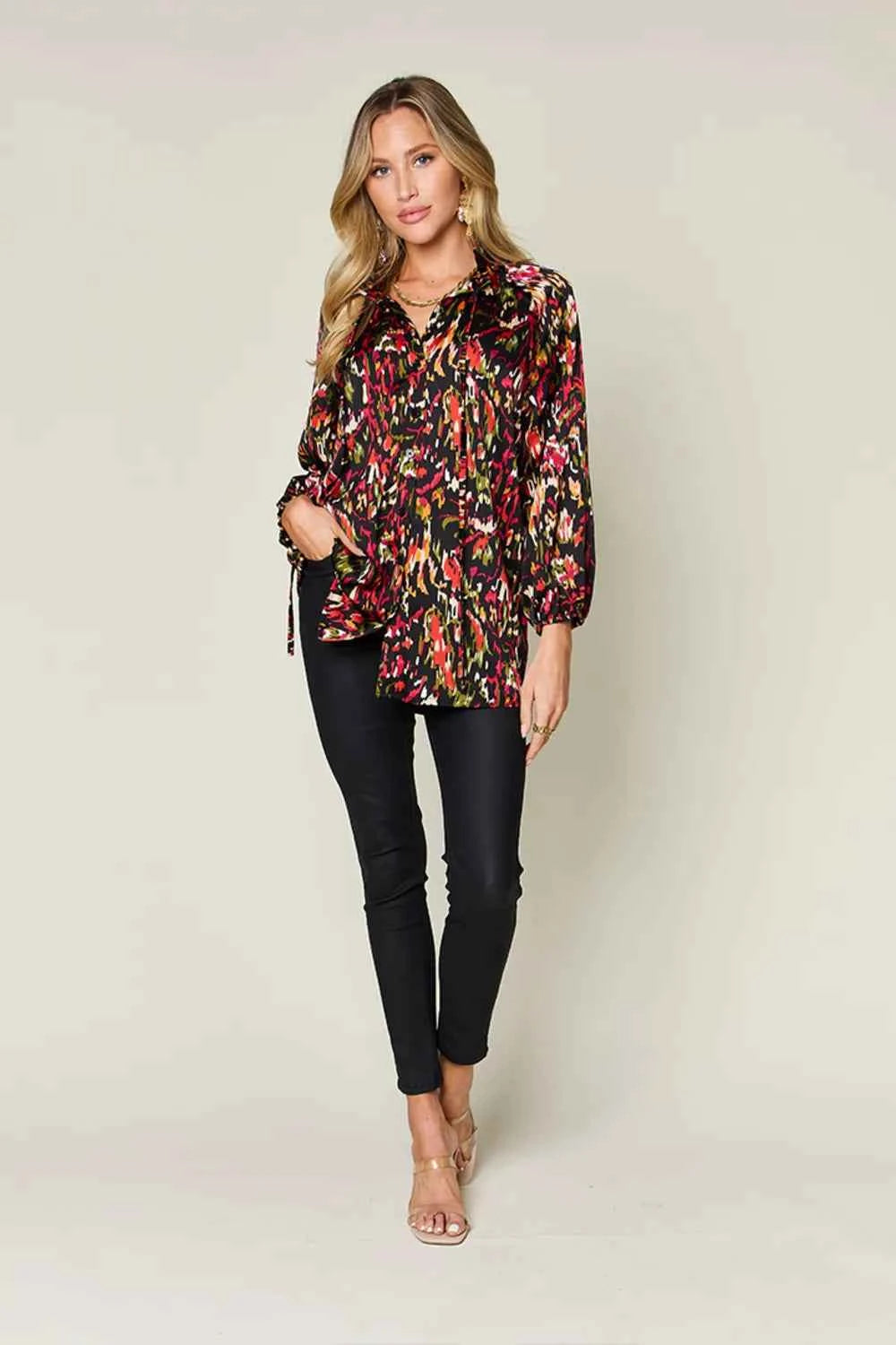 Double Take Full Size Printed Button Up Long Sleeve Shirt