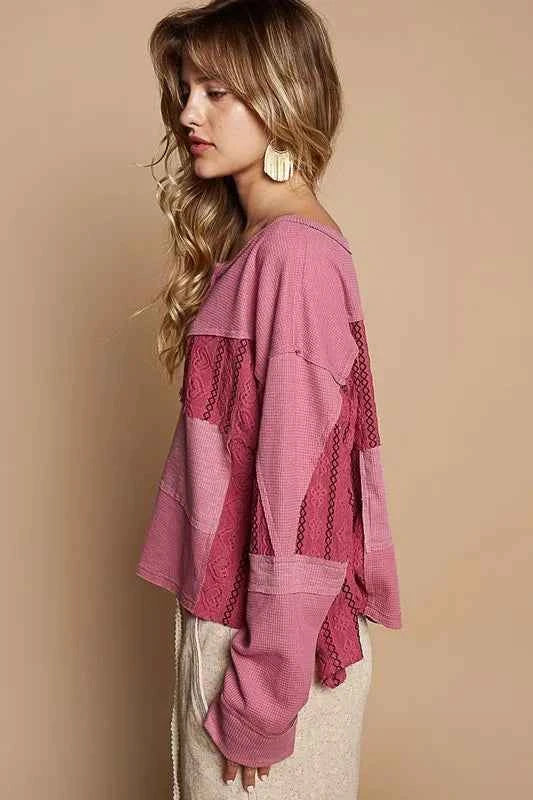 POL Half Button Color Block Drop Shoulder Knit Top