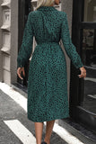 Perfee Printed Belted Long Sleeve Midi Dress