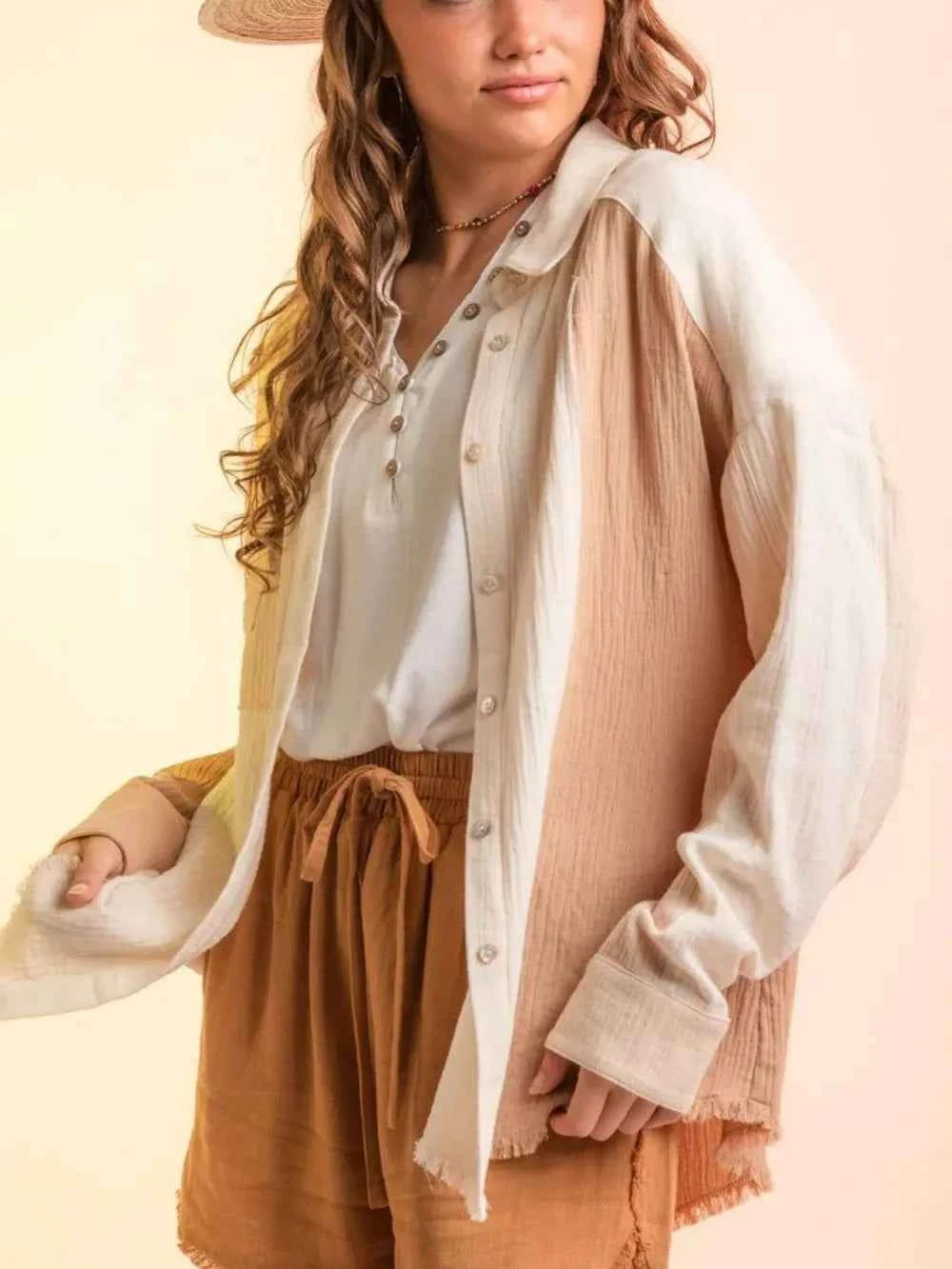 Contrast Button Up Long Sleeve Shirt