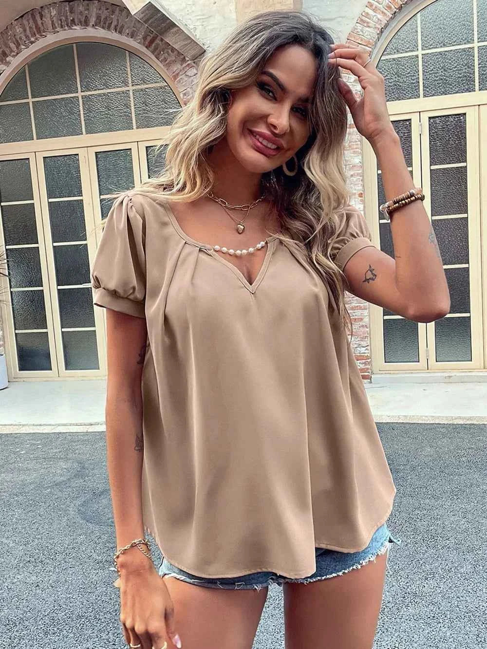 Ivy Lane Pearl Detail Notched Short Sleeve Blouse