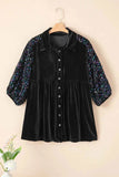 Sequin Collared Neck Three-Quarter Sleeve Oversize Shirt