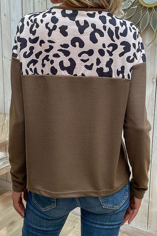 Perfee Leopard Buttoned Round Neck Drop Shoulder Top