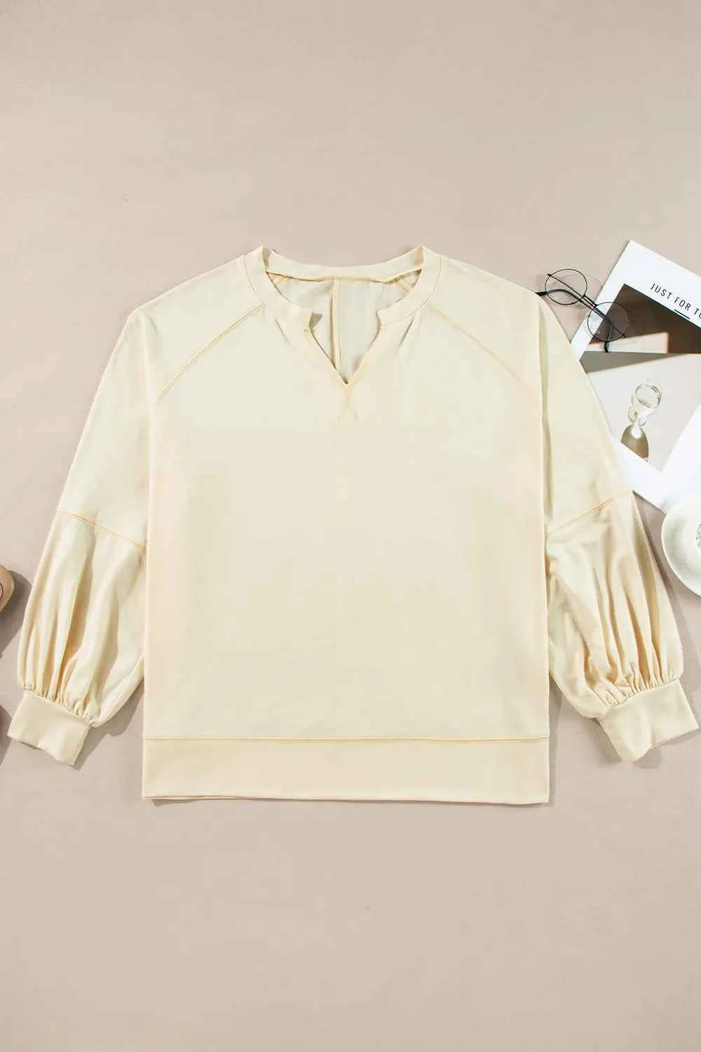 Side Slit Notched Long Sleeve Top