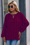 Ivy Lane Plaid Tie Neck Balloon Sleeve Blouse