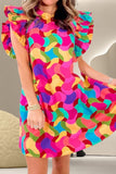 Contrast Print Round Neck Cap Sleeve Mini Dress