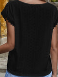 Shiny V-Neck Eyelet Short Sleeve Top
