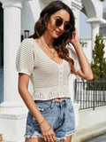 Openwork V-Neck Short Sleeve Knit Top