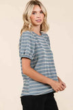 Mittoshop Contrast Striped Short Puff Sleeve Knit Top