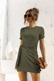 Round Neck Cuffed Sleeve Side Tie Dress