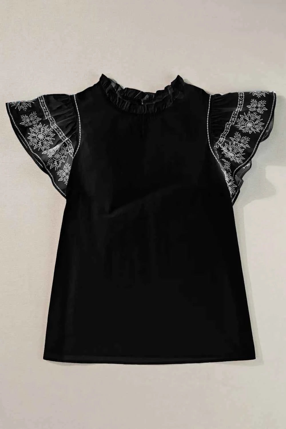 Ruffled Mock Neck Cap Sleeve Blouse