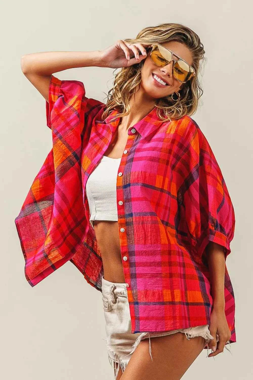 BiBi Button Up Dolman Sleeve Plaid Shirt