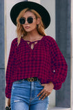 Ivy Lane Plaid Tie Neck Balloon Sleeve Blouse