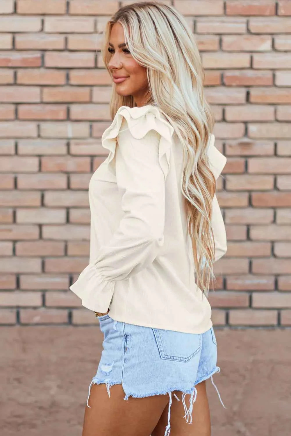 Ruffled Round Neck Flounce Sleeve Top