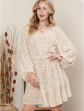 Printed Square Neck Long Sleeve Smocked Dress