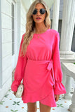 Shiny Round Neck Flounce Sleeve Ruffle Hem Mini Dress