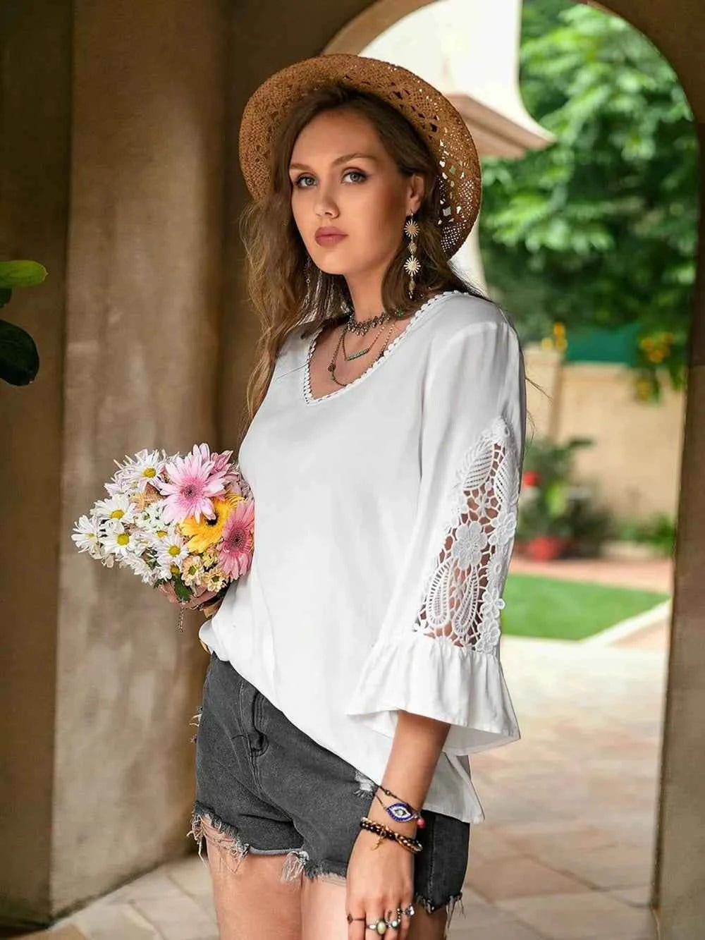 Plus Size Lace Detail V-Neck Three-Quarter Sleeve Blouse