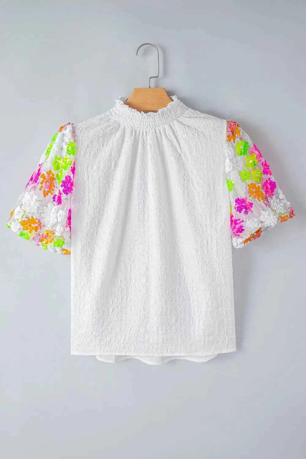 Sequin Flower Mock Neck Half Sleeve Blouse