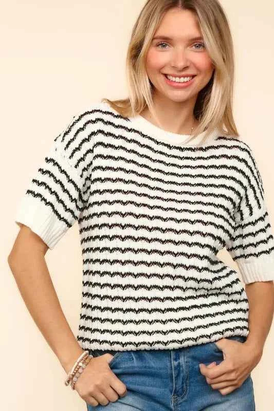 Haptics Openwork Striped Round Neck Half Sleeve Knit Top
