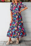 Printed Notched Puff Sleeve Midi Dress