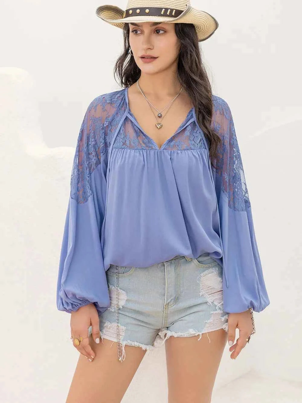 Lace Detail Tie Neck Balloon Sleeve Blouse