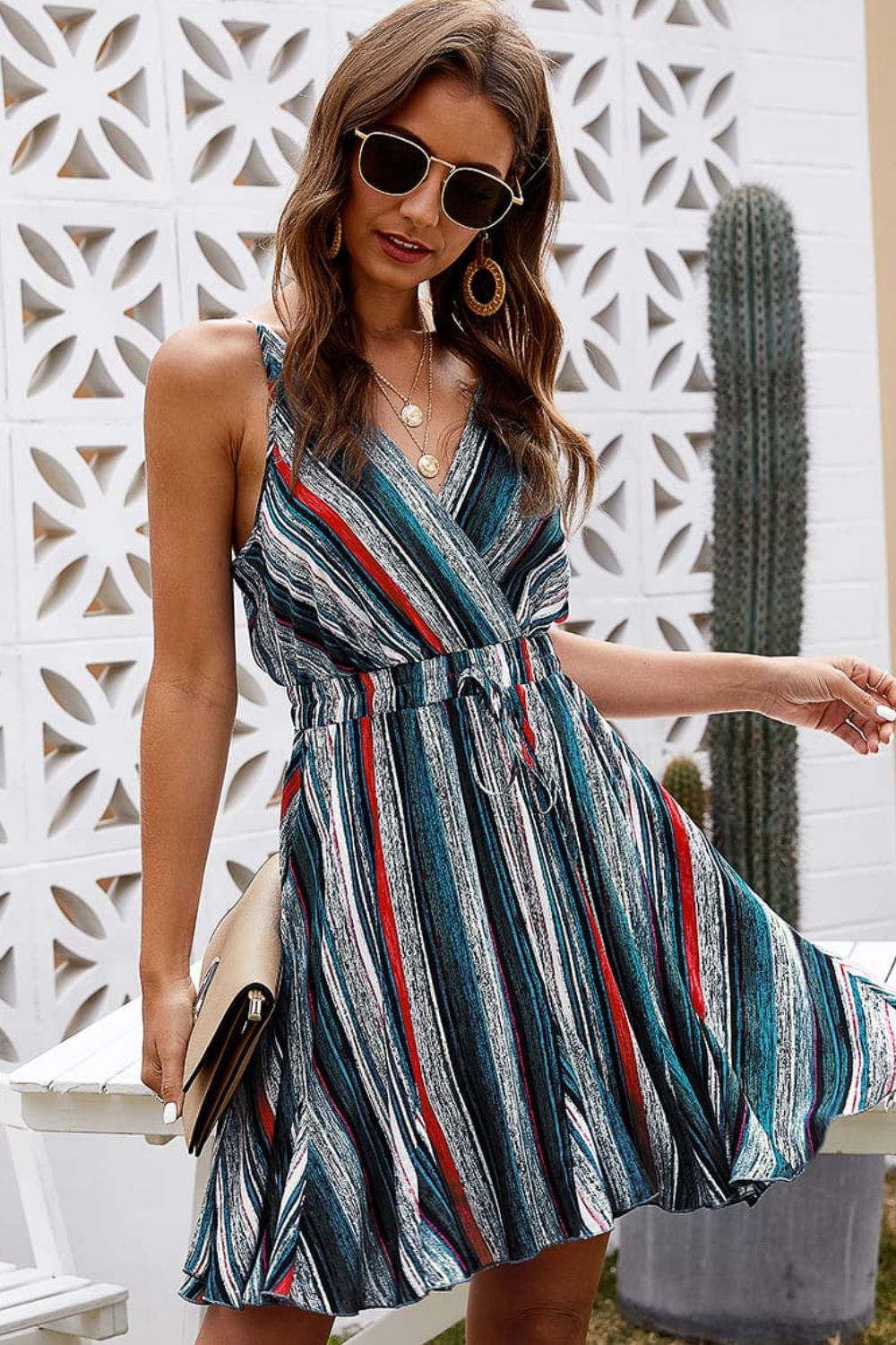 Ivy Lane Striped Surplice Neck Spaghetti Strap Dress
